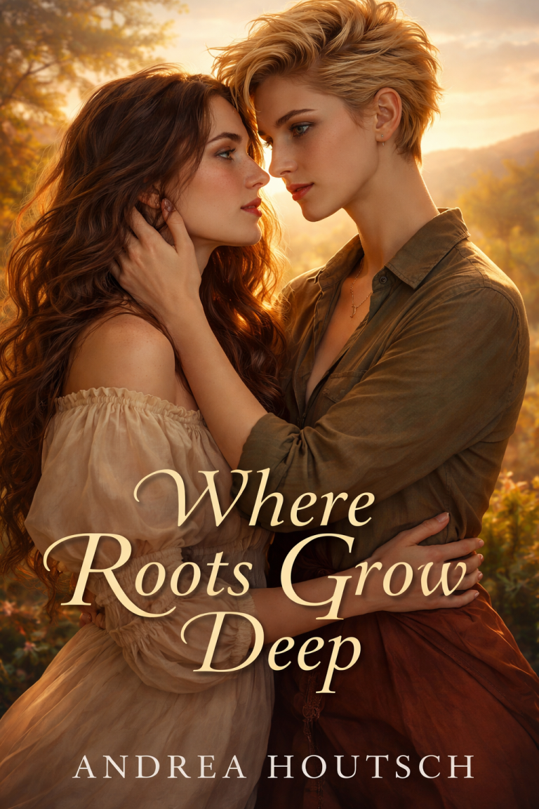 Where Roots Grow Deep cover art showing two women - one brunette, one blond - embracing against a golden afternoon background