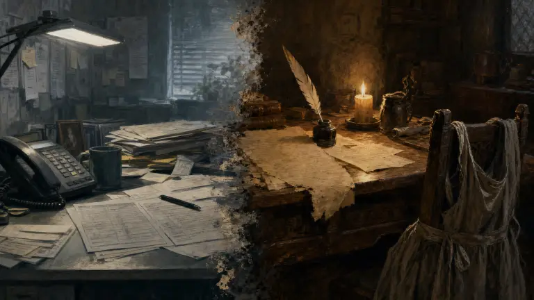 A busy DFR office juxtaposed with a medieval writing room.