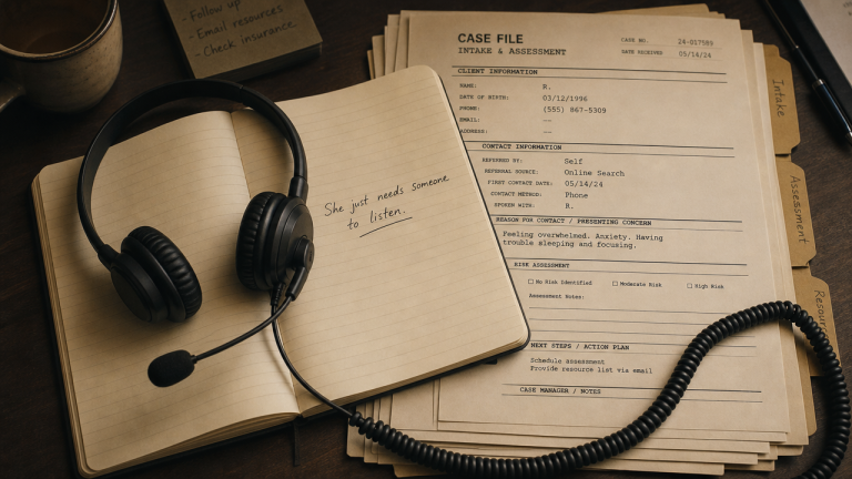 [Alt: A phone headset beside a handwritten notebook page and case file forms — writing trauma survivors in fiction versus documenting them by phone]