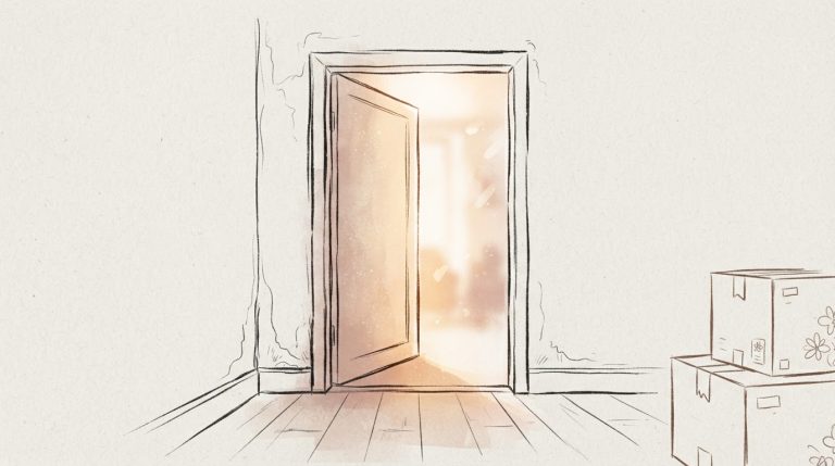 A minimalist line-art illustration of a single open doorway with soft light spilling through it, a stack of cardboard boxes just outside the frame. No figures. The line work is loose and hand-drawn, one warm accent color (amber or dusty rose) against a muted neutral background — spare enough to read as "release," not "moving day."