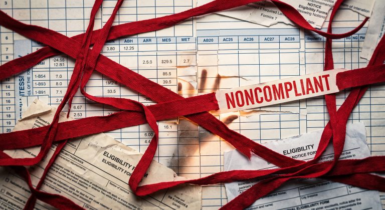 An abstract visual of tangled red tape binding rigid spreadsheets and forms marked 'noncompliant', representing the systemic barriers caseworkers and clients navigate