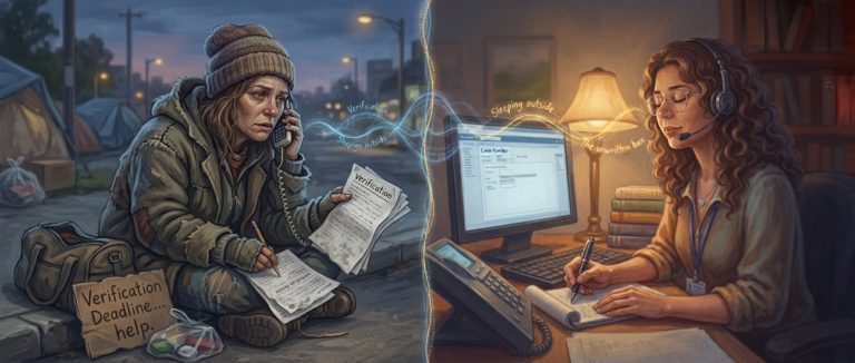 An illustrated split-screen image for the essay 'The Box on the Form.' On the left, a woman wearing a beanie and heavy coat sits on an urban sidewalk near tents and a makeshift sign, holding state verification papers and a phone to her ear. On the right, a caseworker with curly hair and glasses sits in a warm, lamplit cubicle, wearing a headset and typing at a computer while taking notes, bridging the gap between systemic bureaucracy and human empathy.