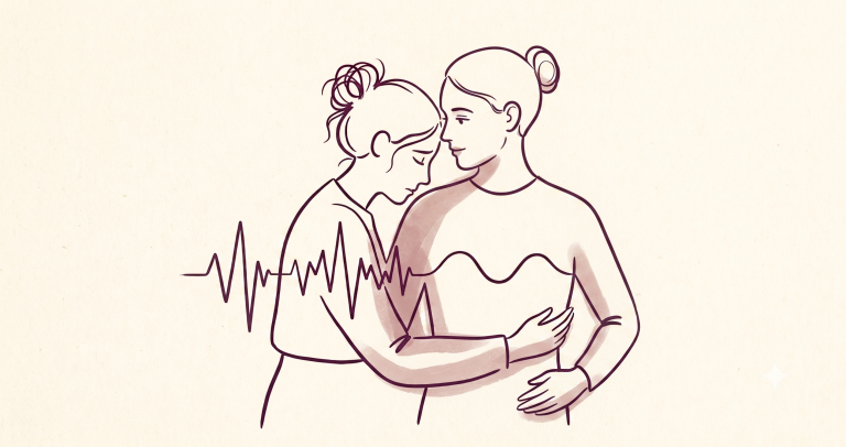 Two figures with heart-rate lines converging, illustrating co-regulation in romance writing.