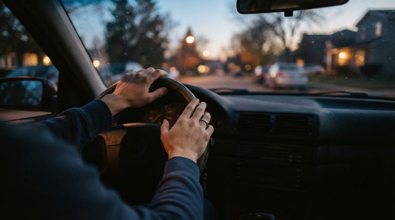 A pair of hands resting loosely on a car steering wheel at dusk, seen from the driver's low interior angle. Through the windshield, a quiet residential street blurs softly in warm amber and dusty blue light. Soft focus background, shallow depth of field, cinematic realism, muted warm color grade, contemplative and grounded mood, no visible face, documentary photography style, natural window light, slight film grain.